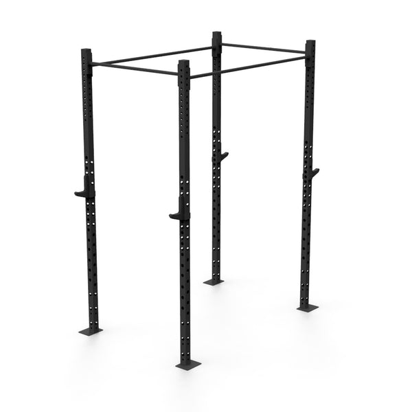 The No Sync To Channel Engine Rig - 2 Squats Cells - X-Frame is a black, free-standing pull-up apparatus constructed from high-gauge steel tubing, featuring adjustable bars and a sturdy base. Ideal for strength training in commercial gyms, its minimalist design stands out beautifully against a plain white backdrop.