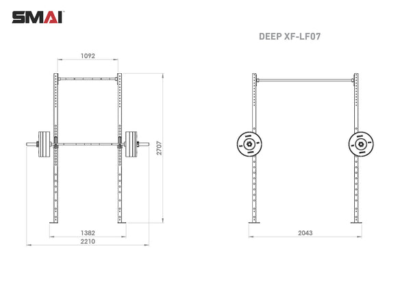 The technical drawing highlights the Rig - 2 Squats Cells - X-Frame, tailored for commercial gym settings. Crafted from high-gauge steel tubing, the dimensions are displayed in millimeters. It includes two perspectives: a front view with weights attached and a side view without weights, branded as "No Sync To Channel Engine" and labeled "DEEP XF-LF07.