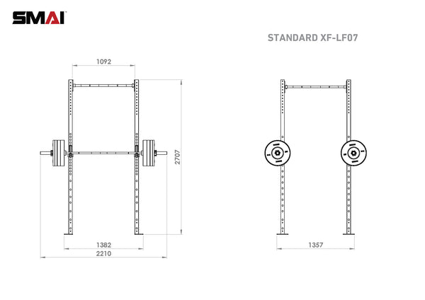 Diagram of the "Rig - 2 Squats Cells - X-Frame" fitness equipment by No Sync To Channel Engine, ideal for commercial gym use, showcasing front and side views. Constructed with high-gauge steel tubing, it has dimensions of 1092mm width, 2210mm length, and 2707mm height. Weight plates are illustrated on the sides.