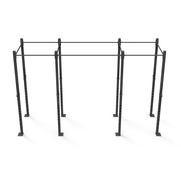 The SMAI Rig - 4 Squat Cells is a black steel outdoor fitness structure with a modular design featuring multiple bars and support beams. It's crafted for bodyweight exercises such as pull-ups and dips. This freestanding rig boasts a minimalist aesthetic made from durable steel tubing, making it an ideal addition to any gym or park setting.