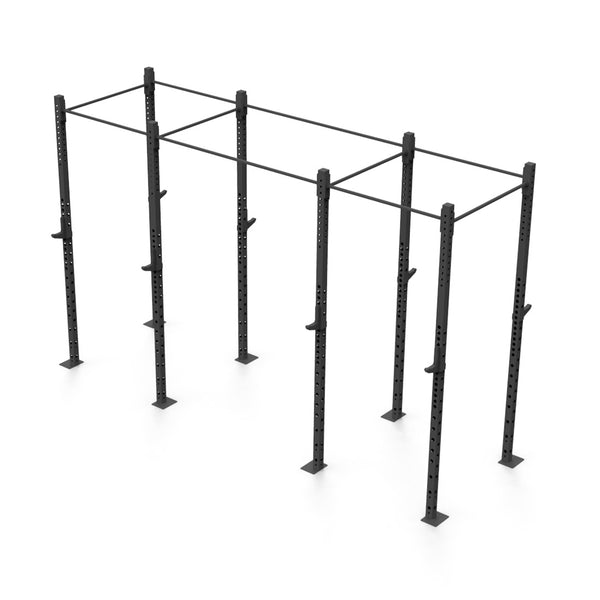 The SMAI Rig - 4 Squat Cells is a freestanding setup constructed with durable steel tubing, offering three sets of parallel bars connected by vertical posts. Its modular design, showcased against a plain white background, makes it an ideal choice for commercial outdoor exercise and fitness training equipment.