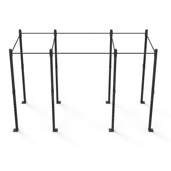 The SMAI Rig - 4 Squat Cells is a black metal gym pull-up rig featuring a modular design with multiple bars and adjustable height settings, perfect for strength training. Made from durable steel tubing, it comes with a lifetime structural warranty. The structure is showcased against an empty, plain background.