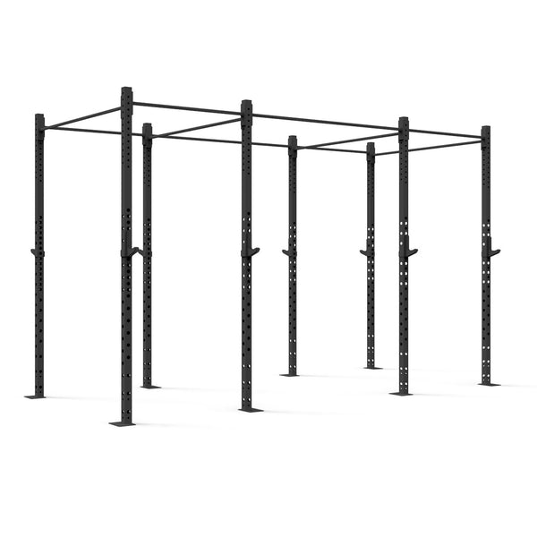 The SMAI Rig - 4 Squat Cells is a black metal pull-up rig featuring a modular design with steel tubing. It includes multiple bars and support beams, making it ideal for fitness training in open spaces. Its sturdy, industrial appearance suits both gym or outdoor environments, and it comes with the assurance of a lifetime structural warranty.