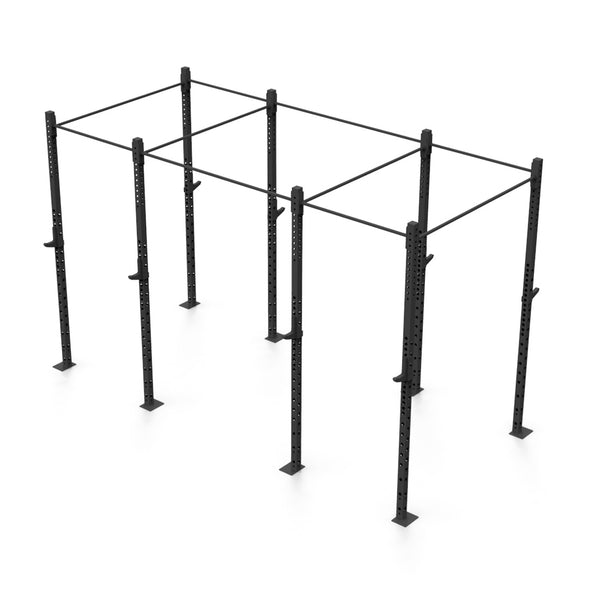 Introducing the SMAI Rig - 4 Squat Cells: a versatile black metal multi-station pull-up rig with a modular design featuring both vertical and horizontal bars, perfect for gym workouts. Constructed from durable steel tubing, this rig is displayed against a white background, highlighting its solid construction and multifaceted capabilities for fitness training.