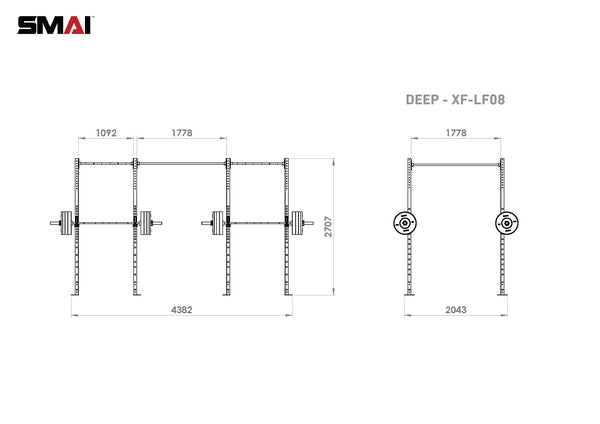 Technical design illustration labeled "SMAI - Rig - 4 Squat Cells," showcasing front and side views of a modular fitness rack structure with measurements in millimeters. Features two weight-loaded barbell positions on the steel rack, ideal for commercial equipment applications.