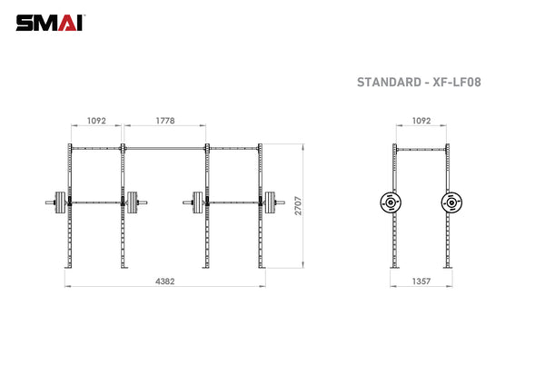 The technical illustration features a modular steel weightlifting rack, labeled in millimeters. The left side provides a front view, while the right showcases a side view, both with weights positioned on each end of the bar. The "SMAI" branding is prominently displayed in the top left corner, emphasizing its commercial equipment application; this product is named "Rig - 4 Squat Cells.