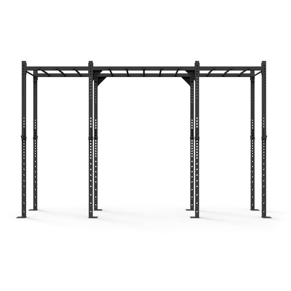 The Rig - 4 Squat Cells with Monkey - X-Frame by No Sync To Channel Engine is a black metal gym rig constructed from durable steel tubing, equipped with multiple pull-up bars and adjustable holes for attachments. It stands on a white background and boasts a modular design, making it perfect for various strength training exercises and fitness routines.