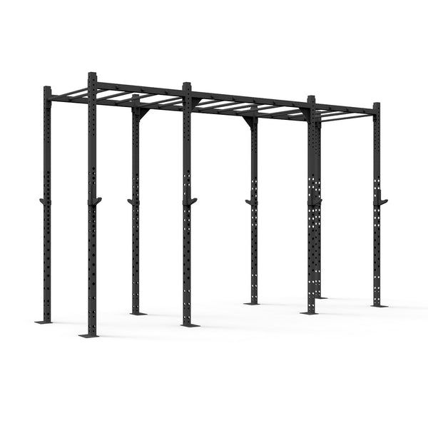 Introducing the Rig - 4 Squat Cells with Monkey - X-Frame by No Sync To Channel Engine: a robust black metal pull-up and exercise rig made from durable steel tubing, featuring four vertical posts and a top section equipped with monkey bars. Its sturdy, modular design is ideal for various fitness activities and is showcased against a plain white background.