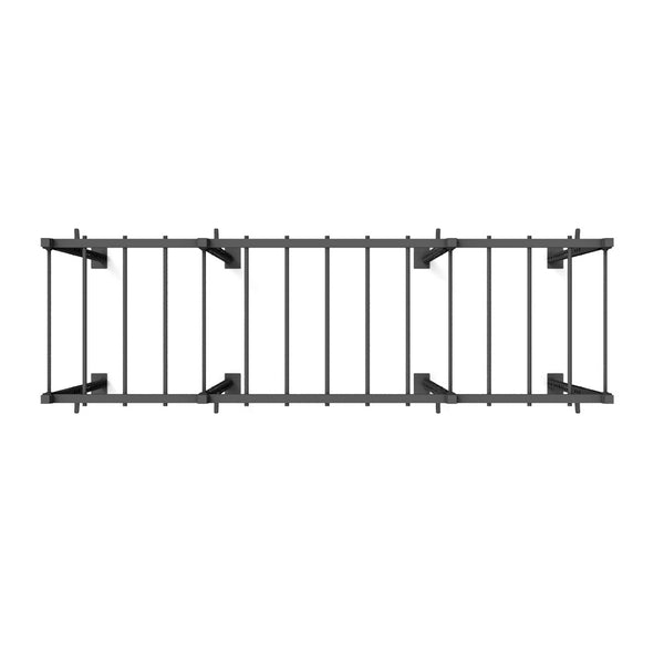 In the image, you can see a top view of the Rig - 4 Squat Cells with Monkey - X-Frame by No Sync To Channel Engine. This modular system features rectangular steel tubing, evenly spaced vertical bars, and horizontal supports. Set against a plain white background, its straightforward and symmetrical design stands out.