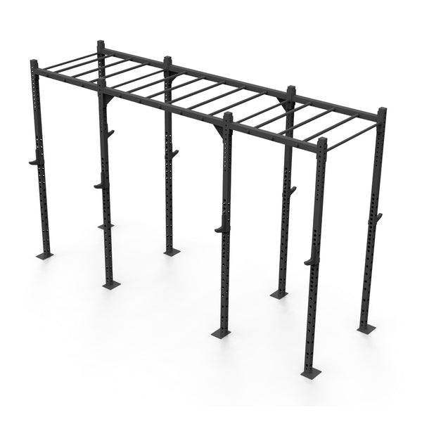 The Rig - 4 Squat Cells with Monkey - X-Frame by No Sync To Channel Engine is a modular design metal monkey bar set used for fitness and exercise, featuring a long horizontal ladder supported by several vertical posts made of sturdy steel tubing, displayed on a white background.