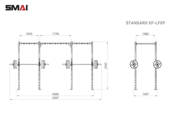 The technical diagram of the Rig - 4 Squat Cells with Monkey - X-Frame, associated with "No Sync To Channel Engine," is crafted from steel tubing. It includes front and side views with measurements: a height of 2707mm, a width of 1778mm from the front, and 1357mm from the side, detailing barbell and weight plate placements.