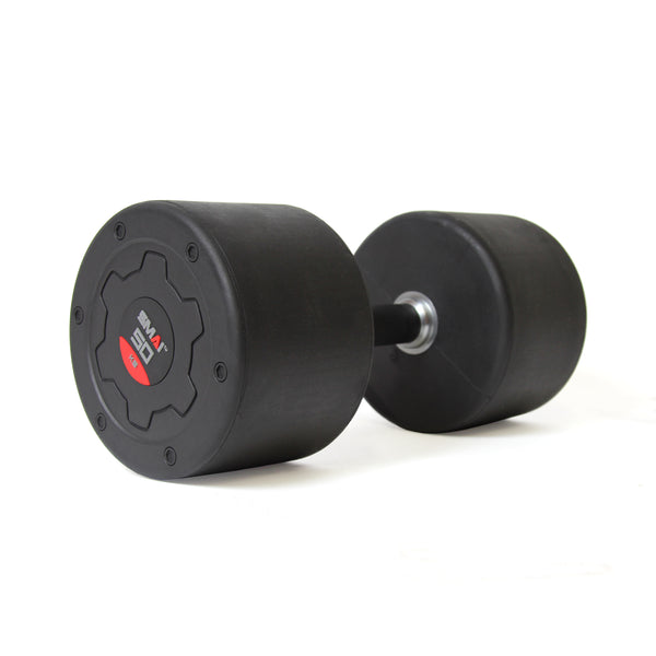 A single dumbbell from the SMAI Commercial Dumbbell Set with Rack 32.5-60kg is positioned on a white surface, featuring a round rubber-coated exterior in black and distinctive red and black markings at the end, indicating it weighs approximately 50 pounds.