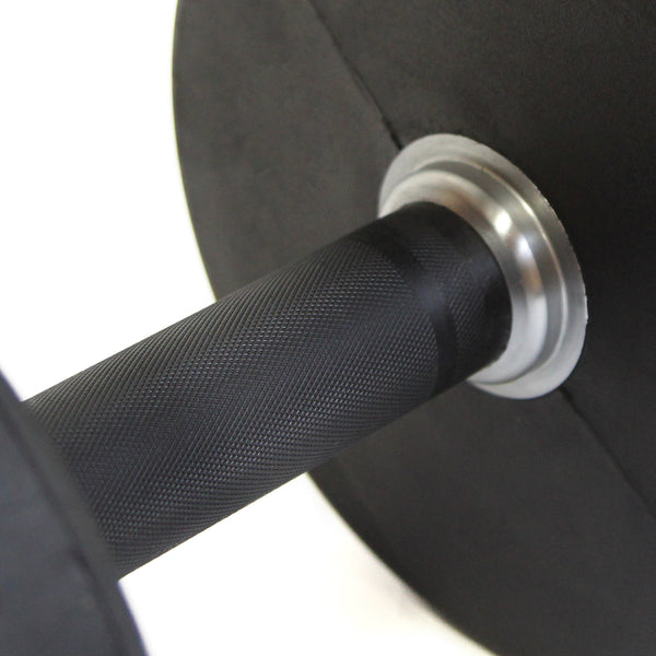 The image showcases a close-up of a textured black barbell with a silver collar from the SMAI Commercial Dumbbell Set with Rack 32.5-60kg, set against a plain background. It emphasizes the knurled section, designed to enhance grip during weightlifting exercises and is an essential component for any professional gym setup.