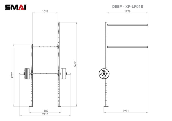 Technical diagram of the Wall Mounted Rig - 1 Squat Cell with Bridge - X-Frame, showcasing detailed measurements labeled in millimeters. This steel rig includes a barbell holder and multiple slots for adjustable height settings, with dimensions marked for height, width, and depth, making it ideal commercial equipment from No Sync To Channel Engine.