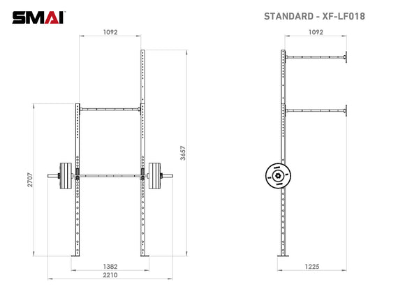 Blueprint of a weightlifting rack labeled "Wall Mounted Rig - 1 Squat Cell with Bridge - X-Frame" with dimensions. This piece of commercial equipment showcases a modular design, featuring a vertical section for weight plates and bars on the left, along with an equivalent empty structure on the right. The No Sync To Channel Engine logo is positioned in the top left corner.