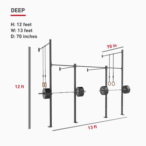 This illustration showcases the Wall Mounted Rig - 2 Squat Cell with Bridge - X-Frame by No Sync To Channel Engine, featuring a modular design. It has dimensions of height 12 feet, width 13 feet, and depth 70 inches. The steel racks support two bars with weight plates and gymnastic rings attached to adjustable vertical posts.