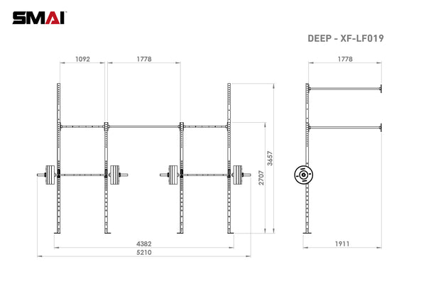 Technical drawing of a gym equipment rack labeled "Wall Mounted Rig - 2 Squat Cell with Bridge - X-Frame" from No Sync To Channel Engine. This modular design includes dimensions and two views, one from the front and one from the side, showcasing barbell placements and robust structural details ideal for commercial equipment setups.