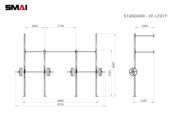 Technical drawing of a gym rack labeled "Wall Mounted Rig - 2 Squat Cell with Bridge - X-Frame" with dimensions in millimeters. The front and side views highlight modular steel racks featuring barbells. The brand logo "No Sync To Channel Engine" is in the top left corner, emphasizing its commercial equipment quality.