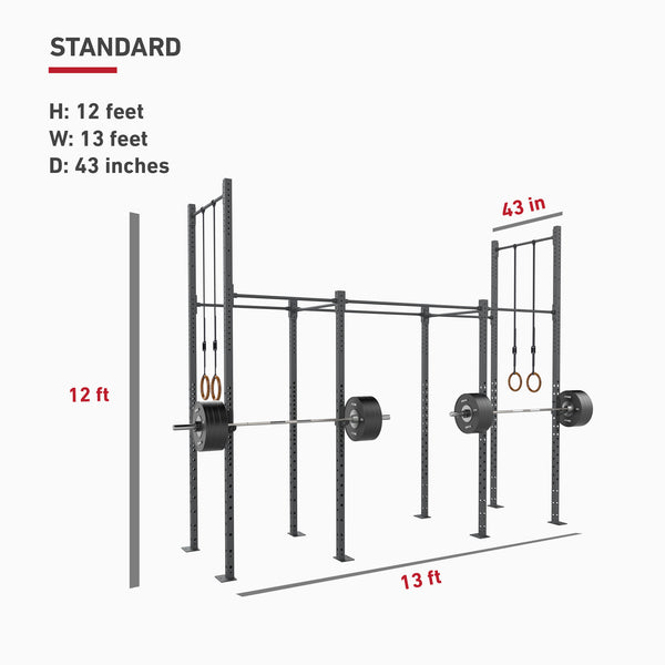 The gym equipment layout includes the Rig - 4 Squat Cell with Bridge by No Sync To Channel Engine, which is constructed from durable steel tubing. It features dimensions of 12 feet in height, 13 feet in width, and 43 inches in depth. The modular design incorporates barbell holders and gymnastic rings, and it comes with a lifetime structural warranty.