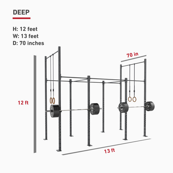 Diagram of the 'Rig - 4 Squat Cell with Bridge' by No Sync To Channel Engine, constructed from steel tubing. It has dimensions of 12 feet in height, 13 feet in width, and 70 inches in depth. This gym rig includes four vertical posts, two barbells with weights, and two pairs of gymnastic rings. The modular design offers flexibility for setup.